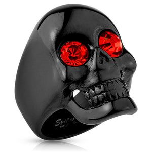 Glossy Surface Skull with Red Gem Eyes Black IP Stainless Steel Ring-WildKlass Jewelry
