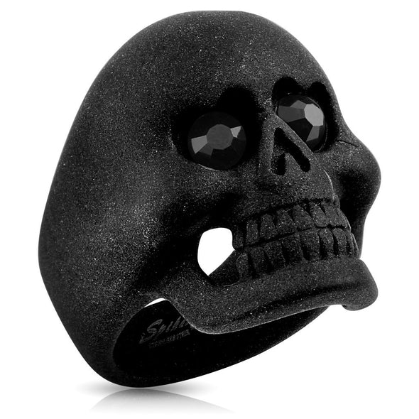 Matte Black Skull With CZ Heart Eyes Stainless Steel Ring-WildKlass Jewelry