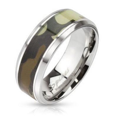 Camouflage Inlay Stainless Steel Beveled Edge Band Ring-WildKlass Jewelry