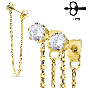 Pair of Chain Drops Prong Set CZ Stainless Steel WildKlass Ear Stud Rings-WildKlass Jewelry