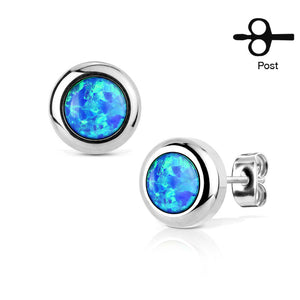 Pair of 316L Surgical Stainless Steel WildKlass Stud Earrings with Bezeled Opal-WildKlass Jewelry