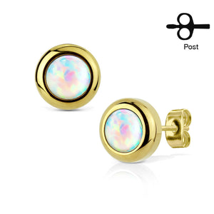 Pair of IP Plated 316L Surgical Stainless Steel WildKlass Stud Earrings with Bezeled White Opal-WildKlass Jewelry