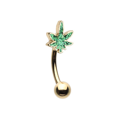 Golden Marijuana Sativa Cannabis Pot Leaf Curved WildKlass Barbell Eyebrow Ring-WildKlass Jewelry