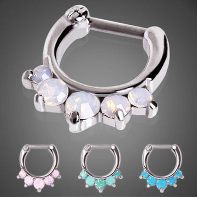316L Surgical Steel Princess Septum Clicker with Opalite Stones-WildKlass Jewelry