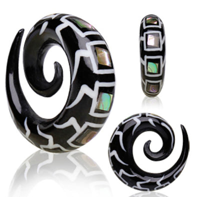 Organic Spiral Buffalo Horn Taper with Abalone & Bone Inlay-WildKlass Jewelry