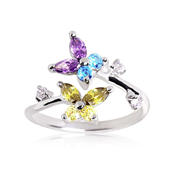 Stainless Steel Multi Color CZ Butterflies Toe Ring-WildKlass Jewelry
