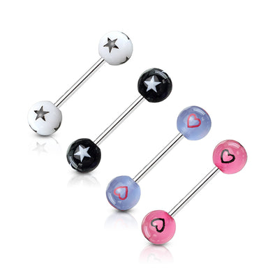 4 Pcs Value Pack of Assorted Color 316L Surgical Steel WildKlass Barbells with Stars or Hearts Patterned Acrylic Balls-WildKlass Jewelry