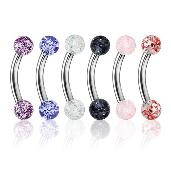 6 Pcs Value Pack Acrylic Color Ultra Glitter Ball 316L Surgical Steel WildKlass Eyebrow Curve Ring-WildKlass Jewelry