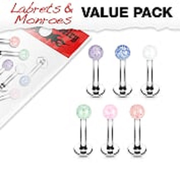 6 Pcs Value Pack of Assorted Glitter Acrylic Ball 316L Surgical Steel WildKlass Labret & Monroe-WildKlass Jewelry