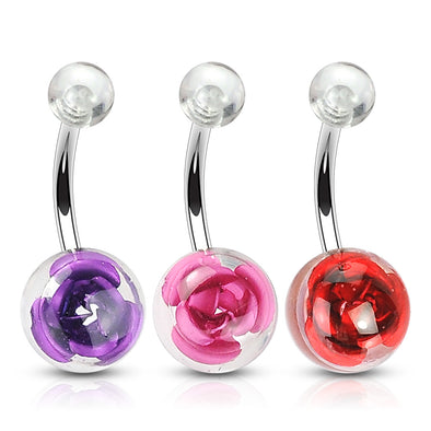 3 Pcs Value Pack of Assorted Color 316L Surgical Steel WildKlass Navel Ring with Metal Rose Embedded in Clear Acrylic Ball-WildKlass Jewelry