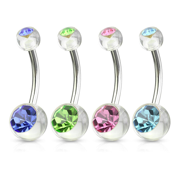 4 Pcs Value Pack of Assorted CZ Color 316L Surgical Steel WildKlass Navel Rings with Double CZ Clear Acrylic Balls-WildKlass Jewelry