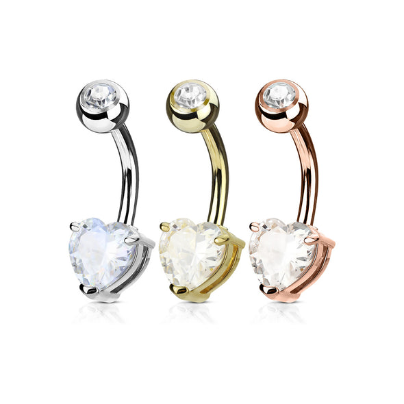 3 Piece Value Pack Heart CZ Prong Set 14Kt. Gold Plated 316L Surgical Steel WildKlass Belly Button Navel Ring Pack-WildKlass Jewelry
