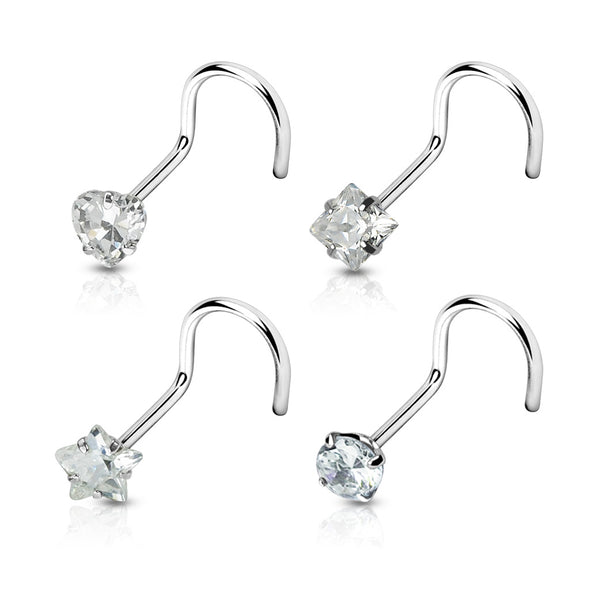 4 Pcs Value Pack of Assorted Clear Prong Set CZ Gem 316L Surgical Steel WildKlass Nose Screw-WildKlass Jewelry