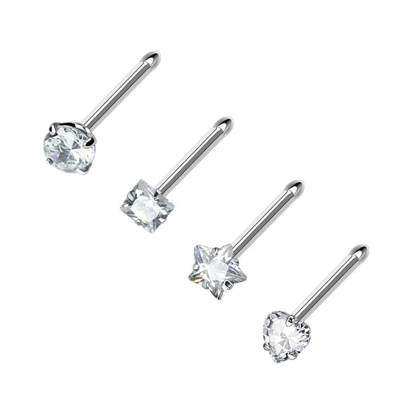 4 Pcs Value Pack of Assorted Clear Prong Set CZ Gem 316L Surgical Steel WildKlass Nose Bone-WildKlass Jewelry