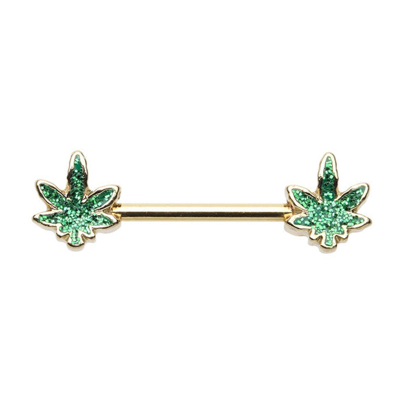 WILDKLASS Golden Marijuana Sativa Cannabis Pot Leaf Nipple Barbell Ring-WildKlass Jewelry