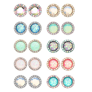 Silver, Golden, Rose Gold, Teal Round Crown Faceted Jeweled Combo Ear Stud Earrings-WildKlass Jewelry