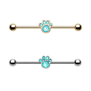 Golden & Silver Animal Lover Opal Paw Print Industrial Barbell-WildKlass Jewelry