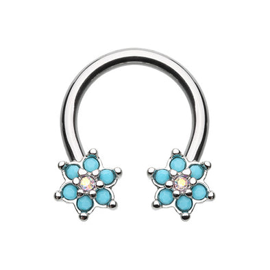Rose Gold, Silver Turquoise Spring Flower Sparkle Horseshoe Circular Barbell-WildKlass Jewelry