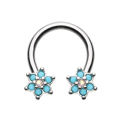 Rose Gold, Silver Turquoise Spring Flower Sparkle Horseshoe Circular Barbell-WildKlass Jewelry