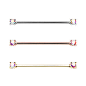 Silver & Golden & Rose Gold Double Prong Brilliant Sparkle Gem Industrial Barbell-WildKlass Jewelry