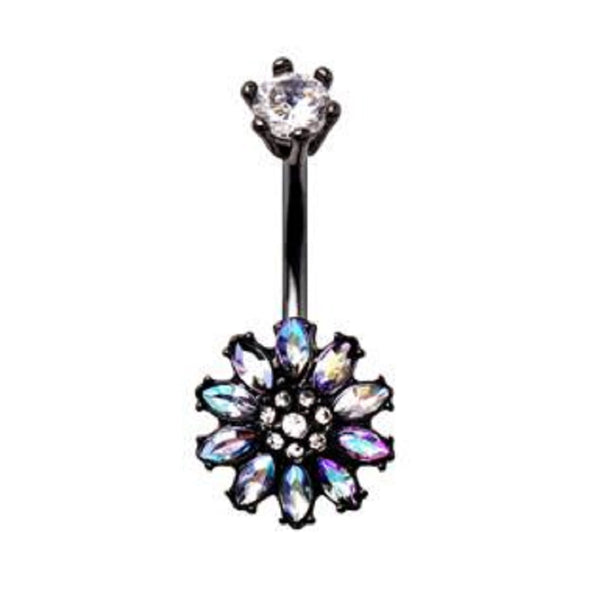 WILDKLASS Black PVD Plated Aurora Borealis Flower Navel Ring-WildKlass Jewelry