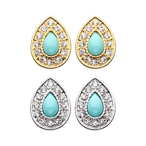 Gold, Silver CZ Dangle Avice Turquoise Multi-Gem Ear Stud Earrings-WildKlass Jewelry