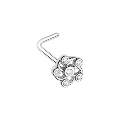 Silver & Gold Lavish Flower CZ L-Shape Nose Ring-WildKlass Jewelry