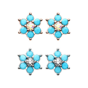 Silver, Rose Gold Turquoise Spring Flower Sparkle Ear Stud Earrings-WildKlass Jewelry
