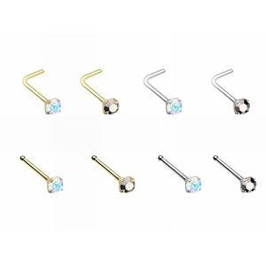 Gold, Silver Prong Set Iridescent Gem Top Steel L-Shaped, Stud Nose Ring-WildKlass Jewelry