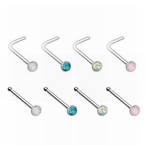 Opalite Press Fit Gem Top Steel L-Shape & Stud Nose Ring-WildKlass Jewelry