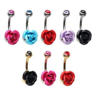 Golden & Rose Gold & Silver Bright Metal Rose Blossom Belly Button Ring-WildKlass Jewelry