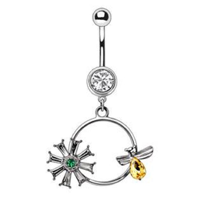 WILDKLASS 316L Stainless Steel Bee and Flower Dangle Navel Ring-WildKlass Jewelry