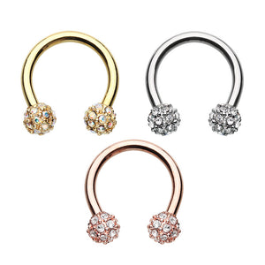Rose Gold, Gold, Silver Full Dome Pave Ball Horseshoe Circular Barbell-WildKlass Jewelry