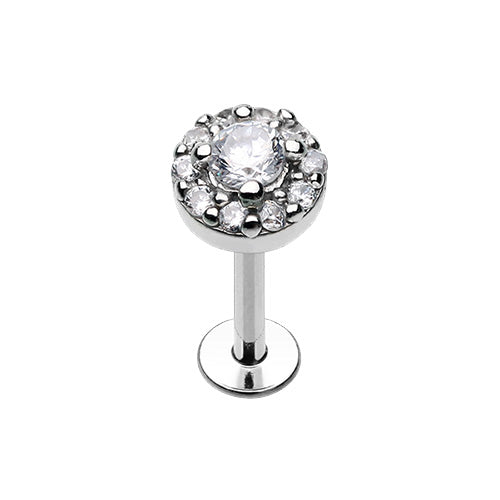 Rose Gold & Silver Round Embellished CZ Ornate Top Steel Labret-WildKlass Jewelry