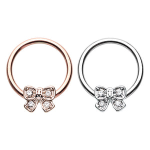 Rose Gold & Silver Ribbon Bow Tie Steel Captive Bead Ring-WildKlass Jewelry