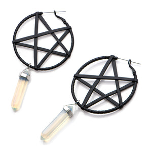 20g Black PVD Plated Pentagram With Opalite Pendulum 316L Surgical Steel WildKlass Plug Hoops-WildKlass Jewelry
