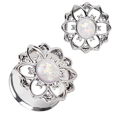 316L Stainless Steel Flower Tunnel WildKlass Plug with White Synthetic Opal-WildKlass Jewelry
