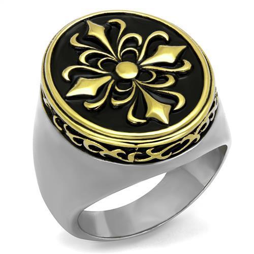 TK2241 Two-Tone IP Gold (Ion Plating) Stainless Steel Ring with Epoxy in Jet-WildKlass Jewelry