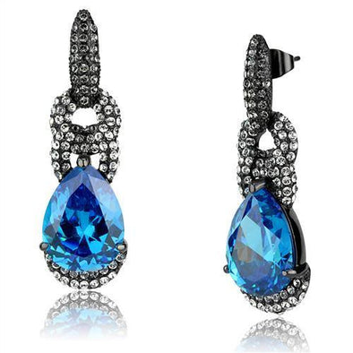 TK2708 IP Light Black (IP Gun) Stainless Steel Earrings with AAA Grade CZ in Sea Blue-WildKlass Jewelry
