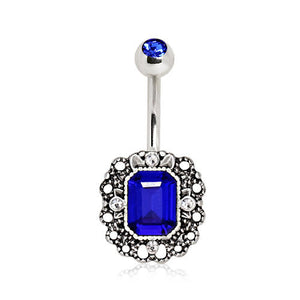 316L Stainless Steel Radiant Cut Sapphire Blue CZ Ornate WildKlass Navel Ring-WildKlass Jewelry