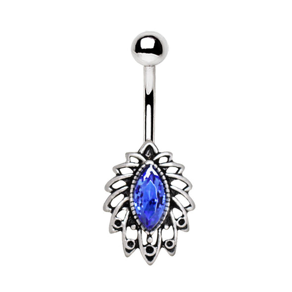 316L Stainless Steel Tropical Leaf with Sapphire Blue CZ WildKlass Navel Ring-WildKlass Jewelry