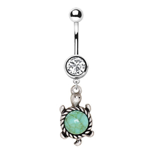 316L Stainless Steel Jade Turtle WildKlass Dangle Navel Ring-WildKlass Jewelry