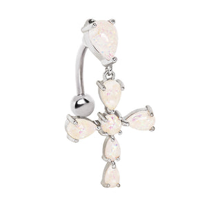 316L Stainless Steel White Synthetic Opal Cross Top Down WildKlass Navel Ring-WildKlass Jewelry