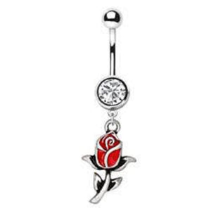 16L Stainless Steel Red Rose Dangle WildKlass Navel Ring-WildKlass Jewelry