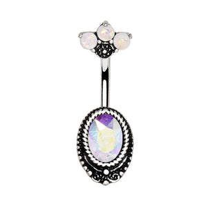 316L Surgical Steel Aurora Borealis CZ WildKlass Navel Ring with Opal Fan Top-WildKlass Jewelry