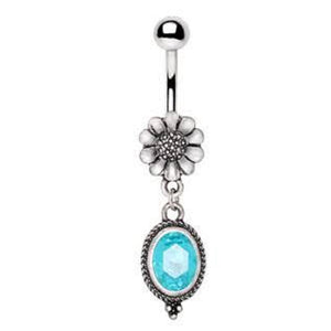 316L Stainless Steel Flower and Aqua Pendant Dangle WildKlass Navel Ring-WildKlass Jewelry