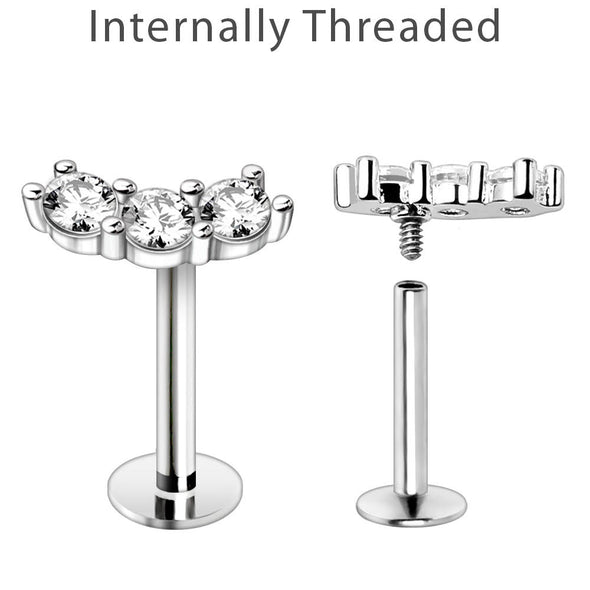 WILDKLASS Internally Threaded 316L Stainless Steel Curved Triple Prong Set CZ Labret-WildKlass Jewelry