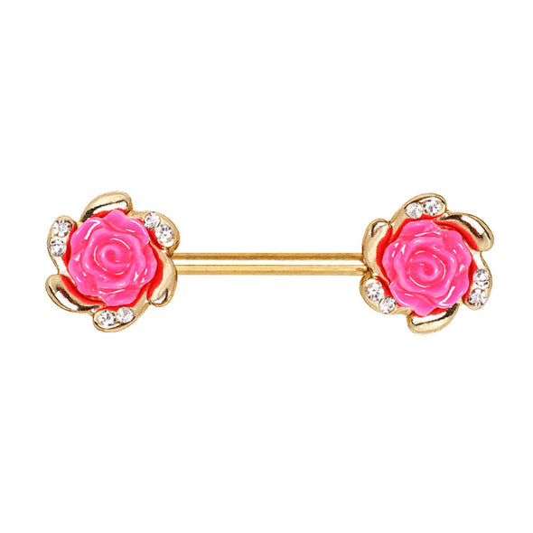 Gold Plated Multi-Clear CZ Pink Rose WildKlass Nipple Bar-WildKlass Jewelry