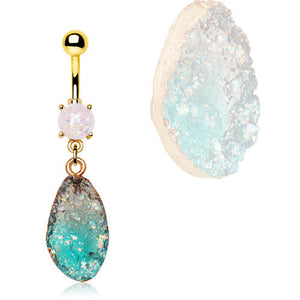 Gold Plated Aqua Druzy Dangle WildKlass Navel Ring-WildKlass Jewelry